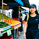 Casual Cool**

A young woman in a plain black t-shirt, Nike jogger pants, and Nike Air Force 1 sneakers, standing in a vibrant Hanoi street market, fully clothed, appropriate attire, safe for work, perfect anatomy, natural pose, professional photography, high quality, natural lighting. She's wearing a baseball cap and a crossbody bag. Modest clothing.

**