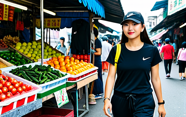 Casual Cool**
A young woman in a plain black t-shirt, Nike jogger pants, and Nike Air Force 1 sneakers, standing in a vibrant Hanoi street market, fully clothed, appropriate attire, safe for work, perfect anatomy, natural pose, professional photography, high quality, natural lighting. She's wearing a baseball cap and a crossbody bag. Modest clothing.
**