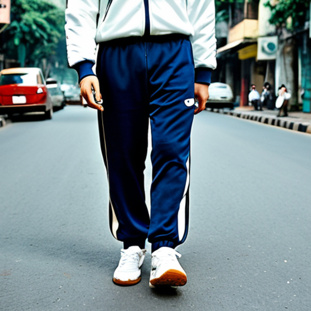 **

"A person wearing a Diadora tracksuit in a vintage style, walking down a street in Hanoi, Vietnam. The tracksuit is navy blue with subtle branding. They are wearing white sneakers. Capture the retro aesthetic with film grain. Safe for work, appropriate content, fully clothed, modest fashion, professional photography, perfect anatomy, natural pose."

**